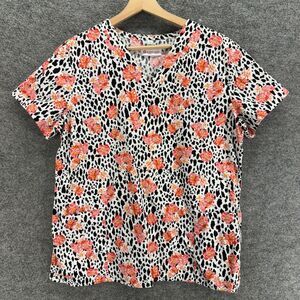 White Cross Scrub Top Women L Large White Floral V-Neck Short Sleeve Cotton